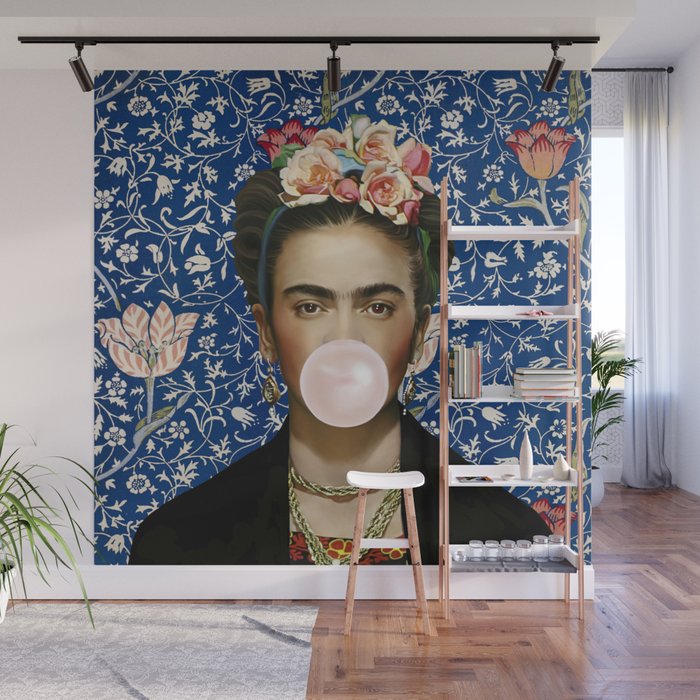 Woman  Blowing a pink Bubble gum with vintage Medway tapestry Wall Mural Gallery Image 1