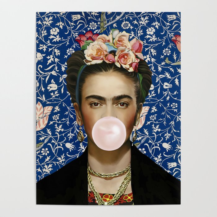 Woman  Blowing a pink Bubble gum with vintage Medway tapestry Poster Gallery Image 4