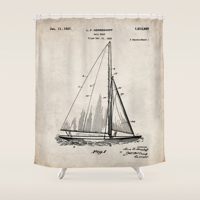 Sailboat Patent - Yacht Art - Antique Shower Curtain Gallery Image 1
