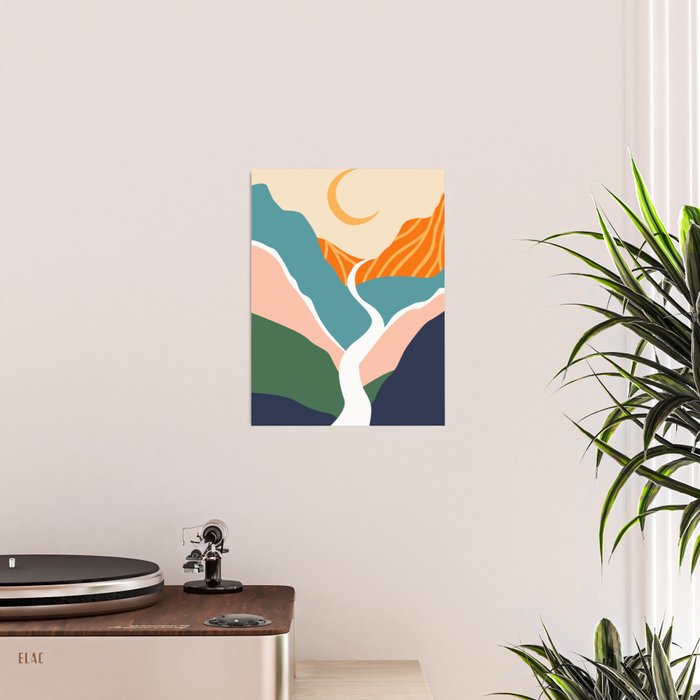 Abstract colorful mountain landscape moon view print Poster Gallery Image 2