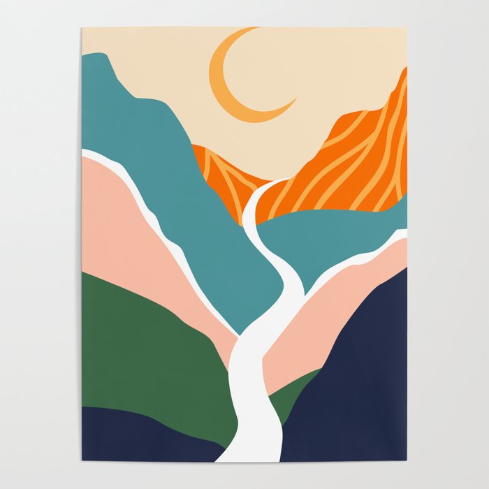 Abstract colorful mountain landscape moon view print Poster Gallery Image 4