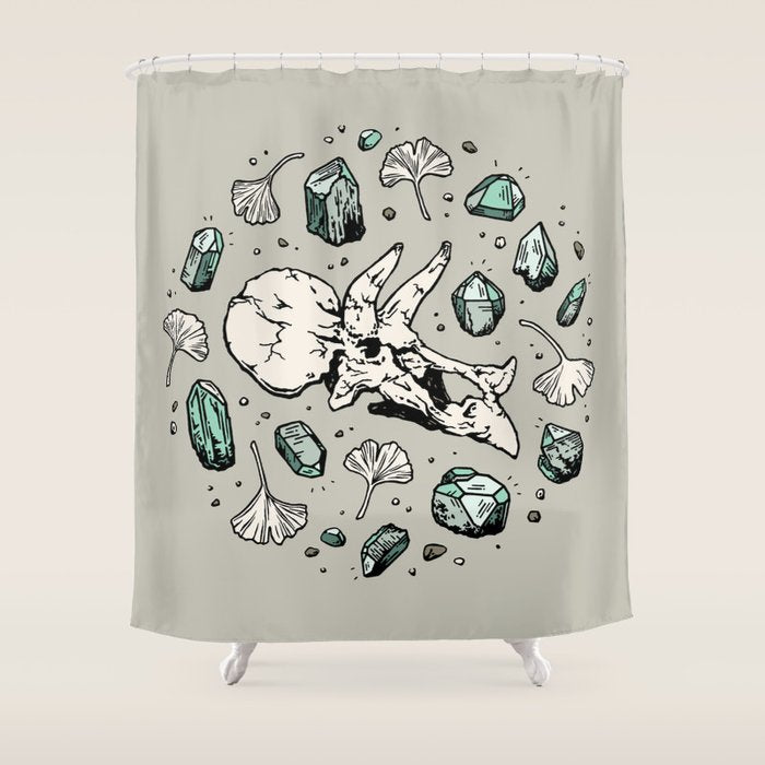 Triceratops Rocks! | Aquamarine | Dinosaur Skull Fossil Art Shower Curtain Gallery Image 1