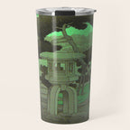Kawase Hasui Vintage Japanese Woodblock Print Glowing Green Neon Sky Over A Zen Garden Shrine Travel Mug Gallery Image 1