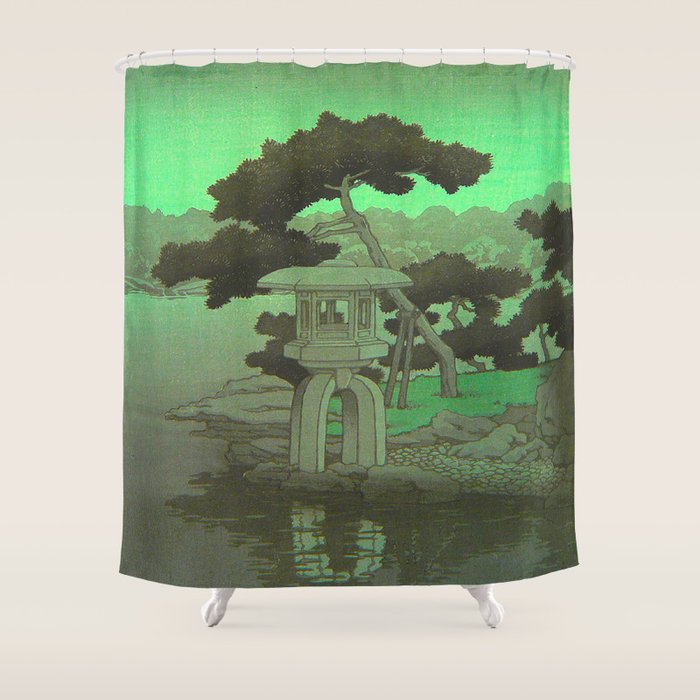 Kawase Hasui Vintage Japanese Woodblock Print Glowing Green Neon Sky Over A Zen Garden Shrine Shower Curtain Gallery Image 1
