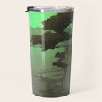 Kawase Hasui Vintage Japanese Woodblock Print Glowing Green Neon Sky Over A Zen Garden Shrine Travel Mug Gallery Image 3