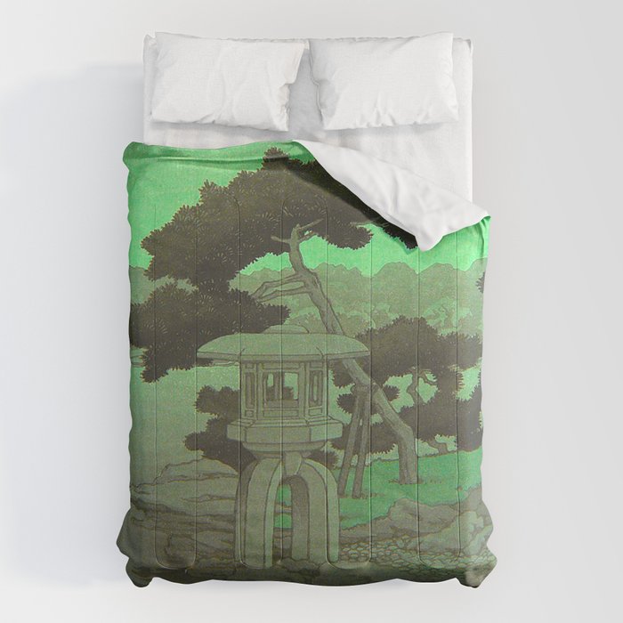 Kawase Hasui Vintage Japanese Woodblock Print Glowing Green Neon Sky Over A Zen Garden Shrine Comforter Gallery Image 1