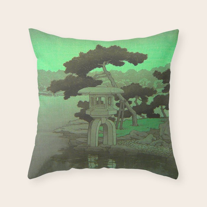 Kawase Hasui Vintage Japanese Woodblock Print Glowing Green Neon Sky Over A Zen Garden Shrine Throw Pillow Gallery Image 1