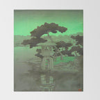 Kawase Hasui Vintage Japanese Woodblock Print Glowing Green Neon Sky Over A Zen Garden Shrine Throw Blanket Gallery Image 2
