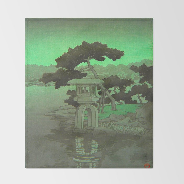 Kawase Hasui Vintage Japanese Woodblock Print Glowing Green Neon Sky Over A Zen Garden Shrine Throw Blanket Gallery Image 2