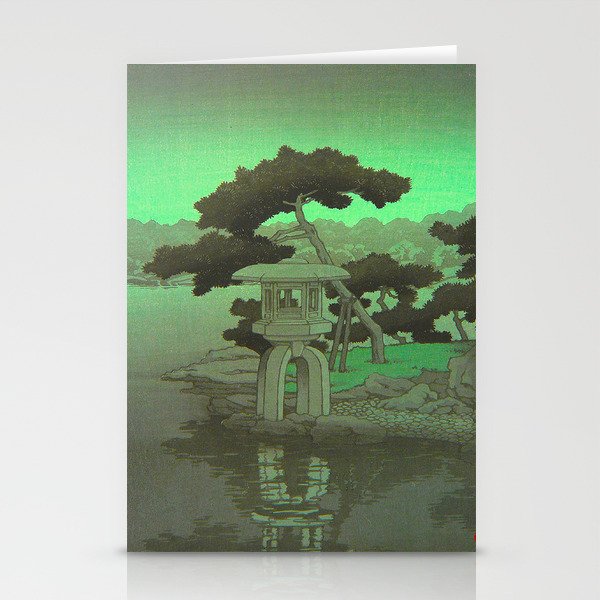 Kawase Hasui Vintage Japanese Woodblock Print Glowing Green Neon Sky Over A Zen Garden Shrine Stationery Card Gallery Image 2
