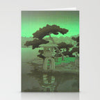 Kawase Hasui Vintage Japanese Woodblock Print Glowing Green Neon Sky Over A Zen Garden Shrine Stationery Card Gallery Image 2