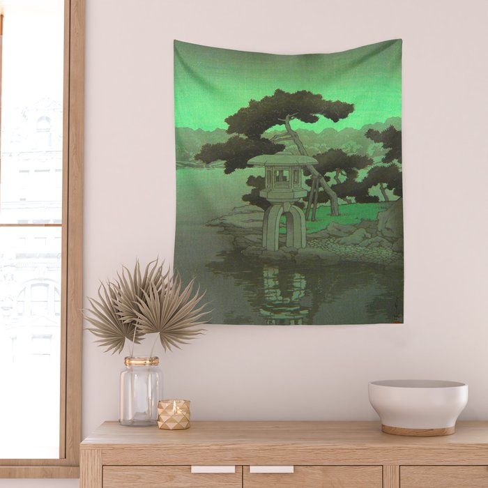 Kawase Hasui Vintage Japanese Woodblock Print Glowing Green Neon Sky Over A Zen Garden Shrine Wall Tapestry Gallery Image 2