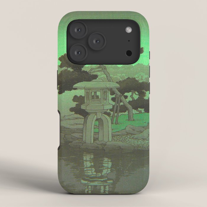 Kawase Hasui Vintage Japanese Woodblock Print Glowing Green Neon Sky Over A Zen Garden Shrine iPhone Case Gallery Image 3