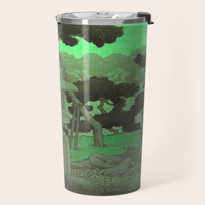 Kawase Hasui Vintage Japanese Woodblock Print Glowing Green Neon Sky Over A Zen Garden Shrine Travel Mug Gallery Image 2