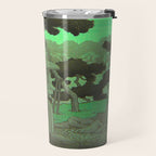 Kawase Hasui Vintage Japanese Woodblock Print Glowing Green Neon Sky Over A Zen Garden Shrine Travel Mug Gallery Image 2
