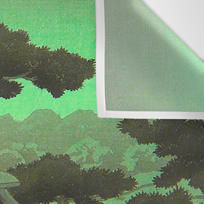 Kawase Hasui Vintage Japanese Woodblock Print Glowing Green Neon Sky Over A Zen Garden Shrine Wall Tapestry Gallery Image 3