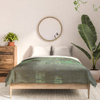 Kawase Hasui Vintage Japanese Woodblock Print Glowing Green Neon Sky Over A Zen Garden Shrine Comforter Gallery Image 3