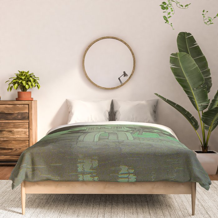 Kawase Hasui Vintage Japanese Woodblock Print Glowing Green Neon Sky Over A Zen Garden Shrine Comforter Gallery Image 3