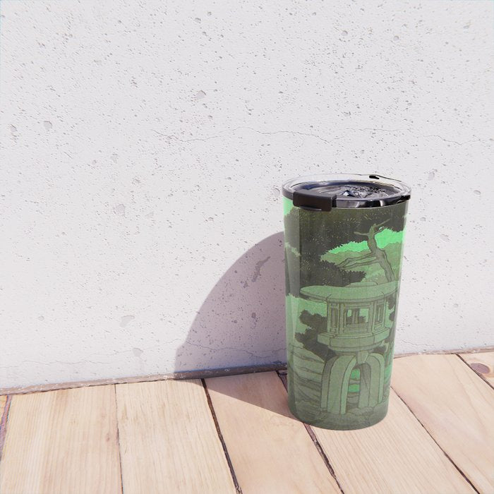 Kawase Hasui Vintage Japanese Woodblock Print Glowing Green Neon Sky Over A Zen Garden Shrine Travel Mug Gallery Image 4