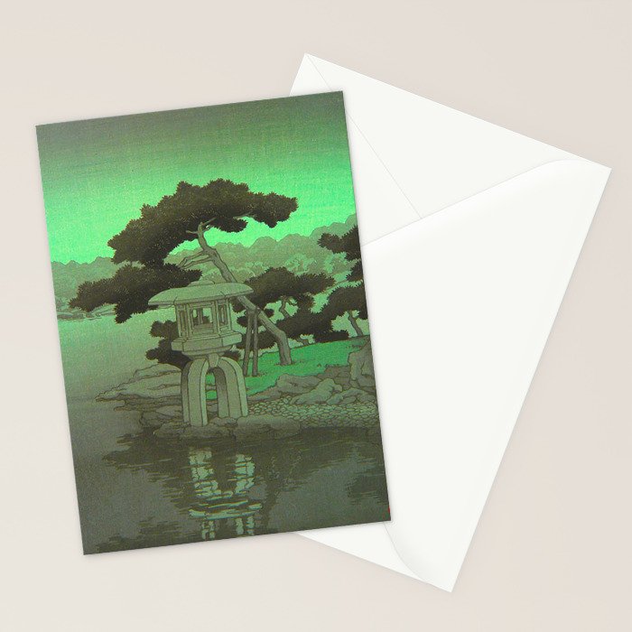 Kawase Hasui Vintage Japanese Woodblock Print Glowing Green Neon Sky Over A Zen Garden Shrine Stationery Card Gallery Image 2