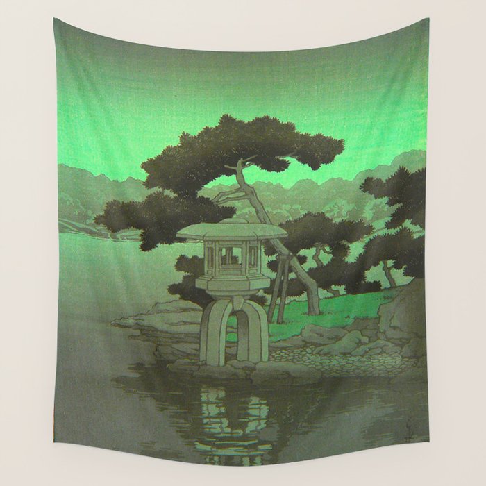 Kawase Hasui Vintage Japanese Woodblock Print Glowing Green Neon Sky Over A Zen Garden Shrine Wall Tapestry Gallery Image 4