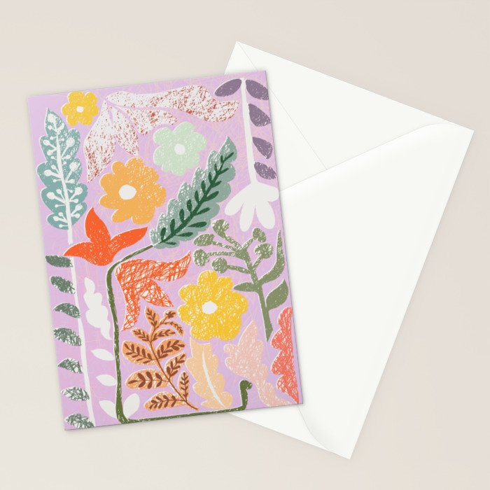 Block print summer meadow soft lilac Stationery Card Gallery Image 2