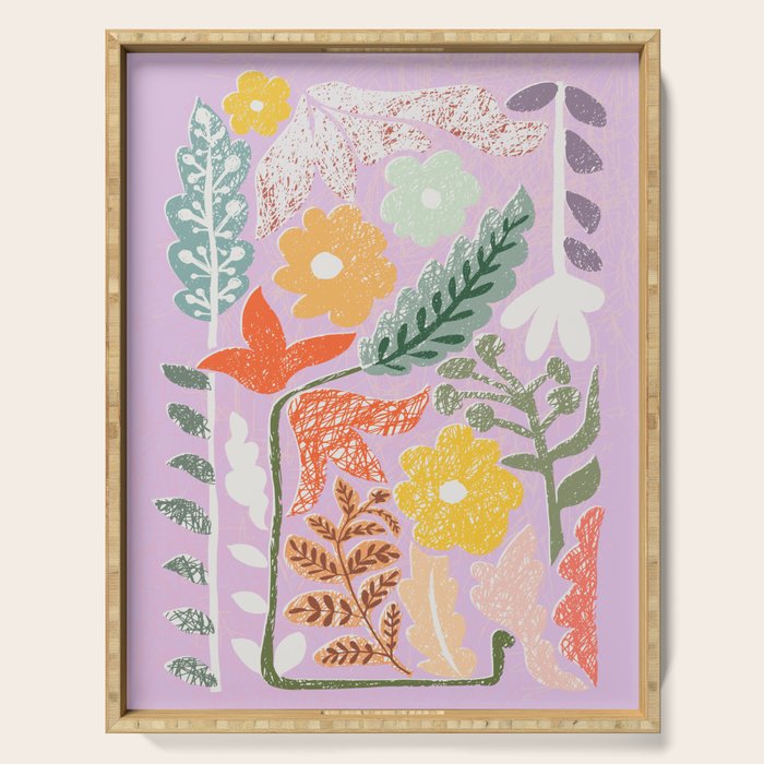 Block print summer meadow soft lilac Serving Tray Gallery Image 1