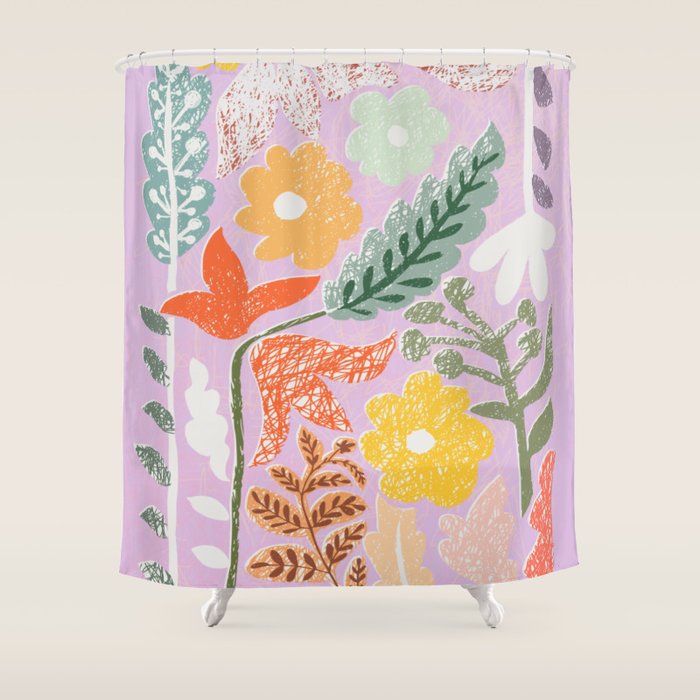Block print summer meadow soft lilac Shower Curtain Gallery Image 1