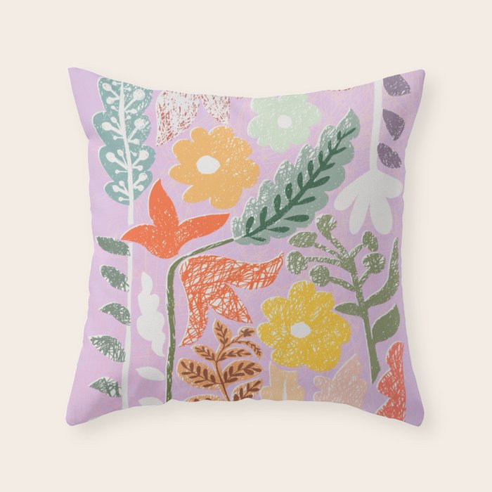 Block print summer meadow soft lilac Throw Pillow Gallery Image 6