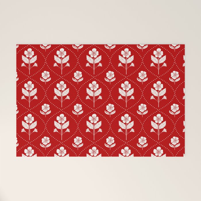 Hand-Drawn Nostalgic Floral Design in Bold Red Welcome Mat Gallery Image 1