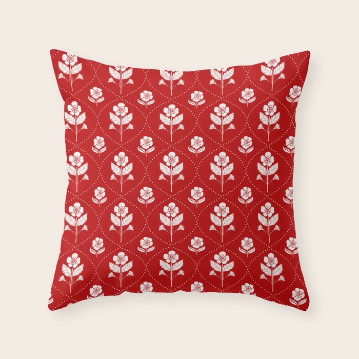 Hand-Drawn Nostalgic Floral Design in Bold Red Throw Pillow Gallery Image 6