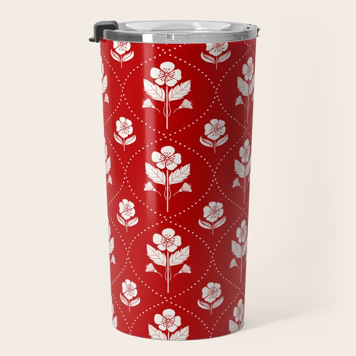 Hand-Drawn Nostalgic Floral Design in Bold Red Travel Mug Gallery Image 3