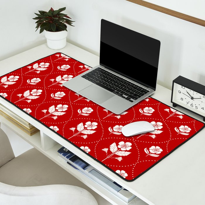 Hand-Drawn Nostalgic Floral Design in Bold Red Desk Mat Gallery Image 2