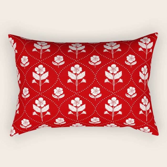 Hand-Drawn Nostalgic Floral Design in Bold Red Rectangular Pillow Gallery Image 1