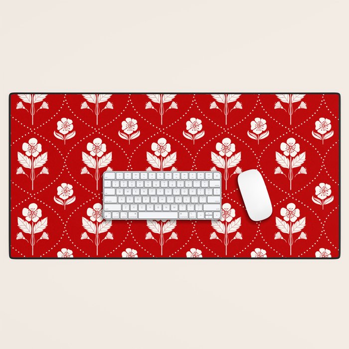 Hand-Drawn Nostalgic Floral Design in Bold Red Desk Mat Gallery Image 1