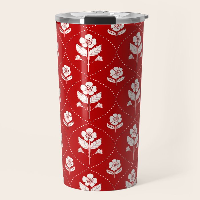 Hand-Drawn Nostalgic Floral Design in Bold Red Travel Mug Gallery Image 1