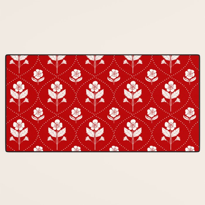 Hand-Drawn Nostalgic Floral Design in Bold Red Desk Mat Gallery Image 3
