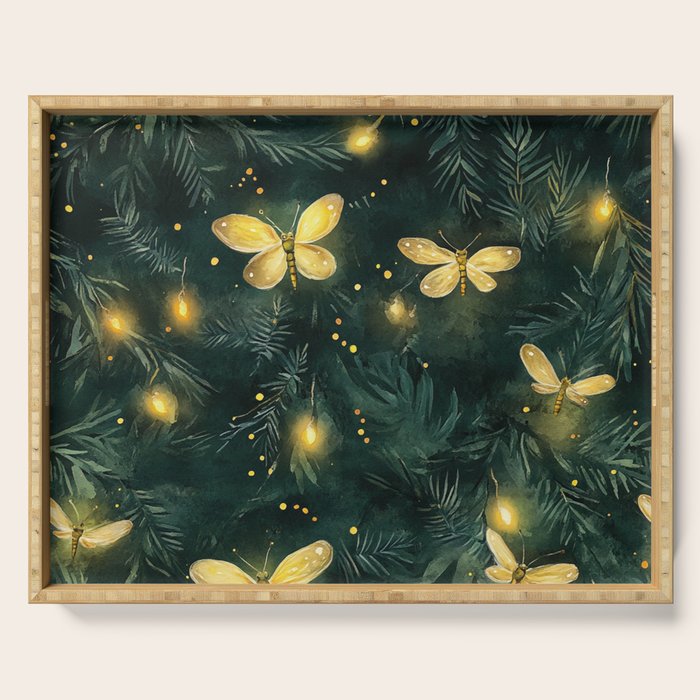 Dark Forest Green Fireflies Lightning Bugs Watercolor All Over Serving Tray Gallery Image 1