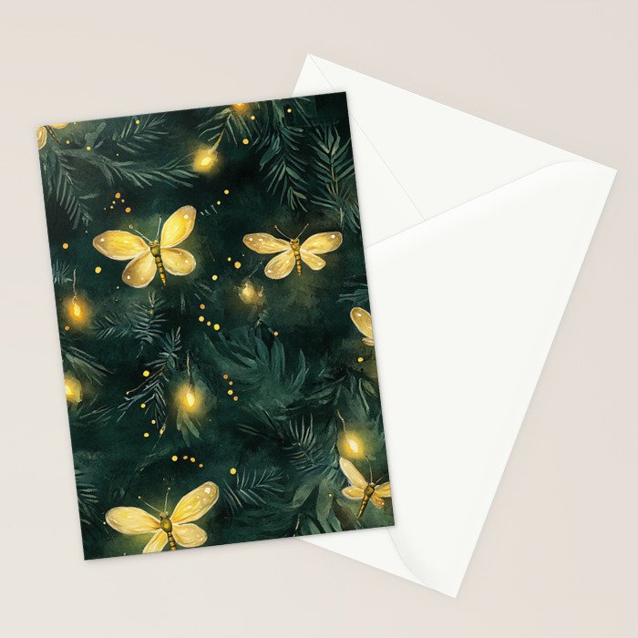 Dark Forest Green Fireflies Lightning Bugs Watercolor All Over Stationery Card Gallery Image 2