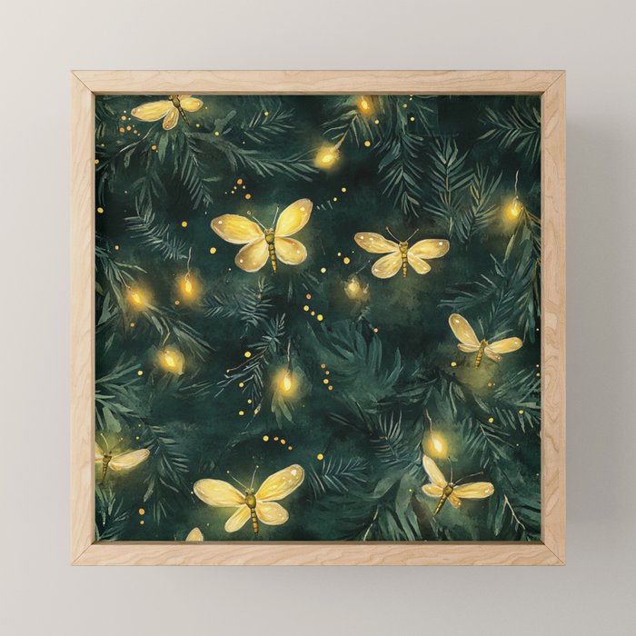 Dark Forest Green Fireflies Lightning Bugs Watercolor All Over Mini Art Print Gallery Image 1