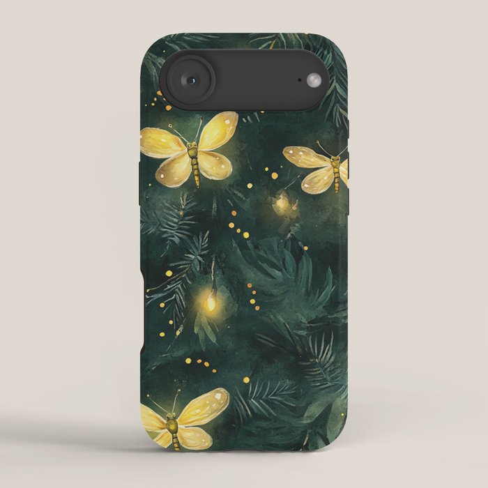 Dark Forest Green Fireflies Lightning Bugs Watercolor All Over iPhone Case Gallery Image 2