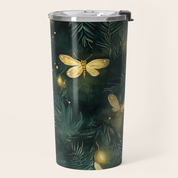 Dark Forest Green Fireflies Lightning Bugs Watercolor All Over Travel Mug Gallery Image 2