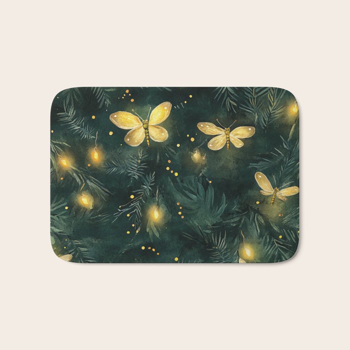 Dark Forest Green Fireflies Lightning Bugs Watercolor All Over Bath Mat Gallery Image 1