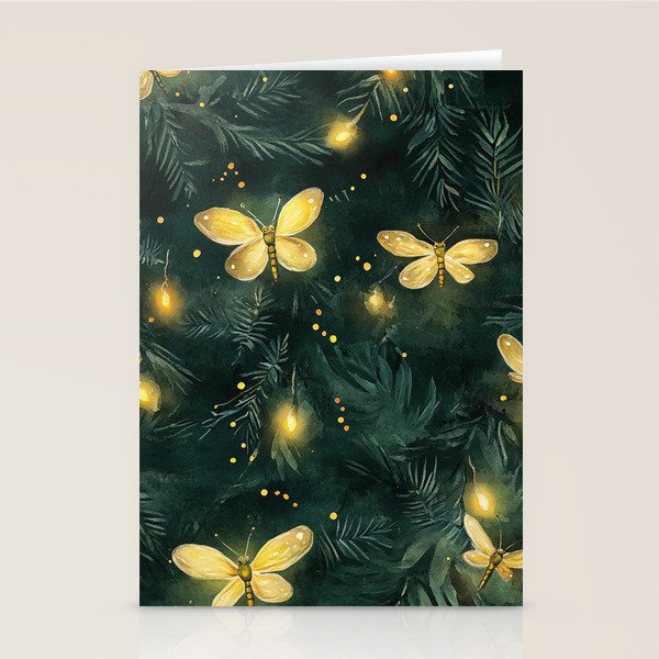 Dark Forest Green Fireflies Lightning Bugs Watercolor All Over Stationery Card Gallery Image 2