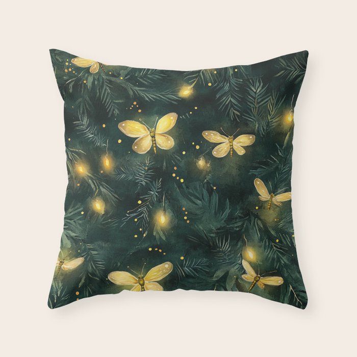 Dark Forest Green Fireflies Lightning Bugs Watercolor All Over Throw Pillow Gallery Image 6