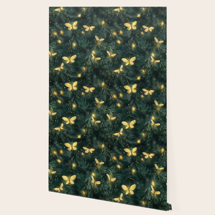 Dark Forest Green Fireflies Lightning Bugs Watercolor All Over Wallpaper Gallery Image 2