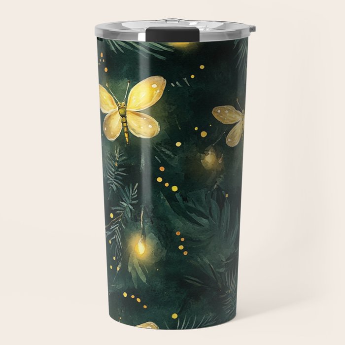 Dark Forest Green Fireflies Lightning Bugs Watercolor All Over Travel Mug Gallery Image 1