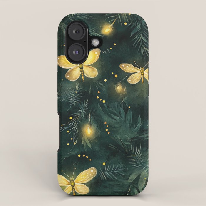 Dark Forest Green Fireflies Lightning Bugs Watercolor All Over iPhone Case Gallery Image 1