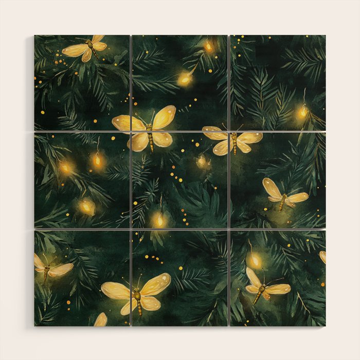 Dark Forest Green Fireflies Lightning Bugs Watercolor All Over Wood Wall Art Gallery Image 1