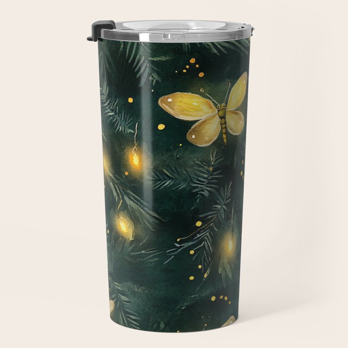 Dark Forest Green Fireflies Lightning Bugs Watercolor All Over Travel Mug Gallery Image 3